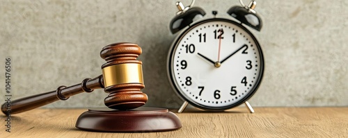 A wooden gavel next to an alarm clock against a gray background, symbolizing the relationship between time management and legal proceedings.