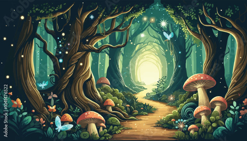 Mystical woodland with ancient trees lush vegetation and sparkling fairy lights background