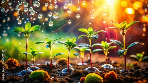 Surreal Garden Awakening: Watering Young Plants with Dreamlike Elements, Vivid Colors, and Whimsical Atmosphere in a Lush Green Oasis of Growth and Nature's Splendor