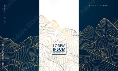 Vector set of art line mountains, hills, dessert and waves backgrounds, cards. Landscapes, elegant premium prints, gold illustrations.