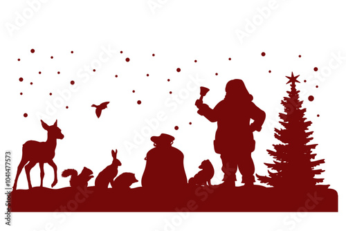 Merry Christmas. Santa Claus and animals silhouettes on white background. Vector illustration.