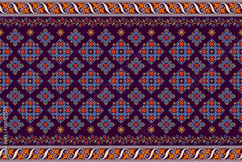 Vibrant Pixelated Folkloric ethnic pattern. Intricate pixel art border featuring floral and geometric motifs. Rich colors on a dark background. Perfect for textiles, wallpaper, carpet, fabric, scarf.