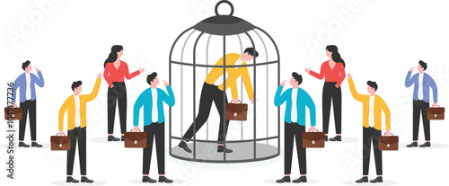 One businessman is locked in a cage while other businessmen are walking normally without restraint

