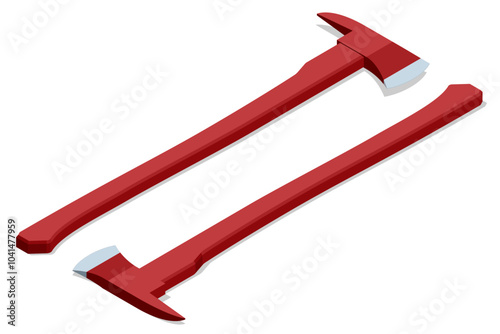 Isometric red wooden axe that is used in fires. Dangerous work of firefighter. Firefighting axe. Safety