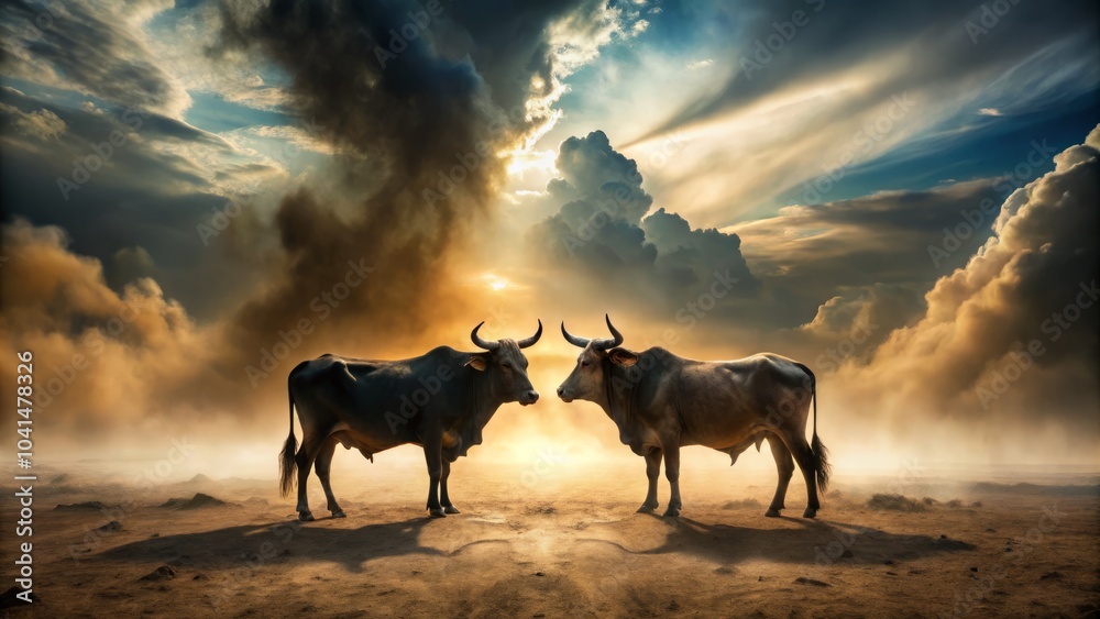 Naklejka premium Surreal Encounter: Two Black Oxen Facing Each Other in a Dusty Field, Capturing the Essence of Nature, Mystique, and Contrast in a Dreamlike Landscape