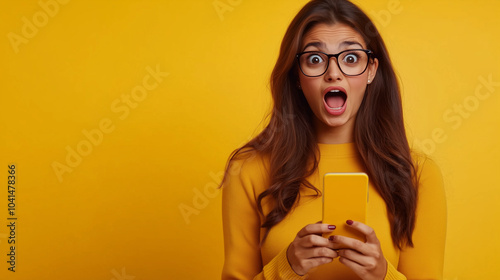 Wow, great news. Portrait of excited surprised indian woman holding and using smartphone. Emotional young lady, yellow studio background with copy space.