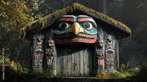 A traditional Indigenous structure with vibrant totemic carvings, nestled in a forested setting. photo