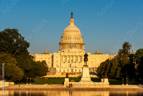 Front view of United States Capitol under a blue sky at sunset