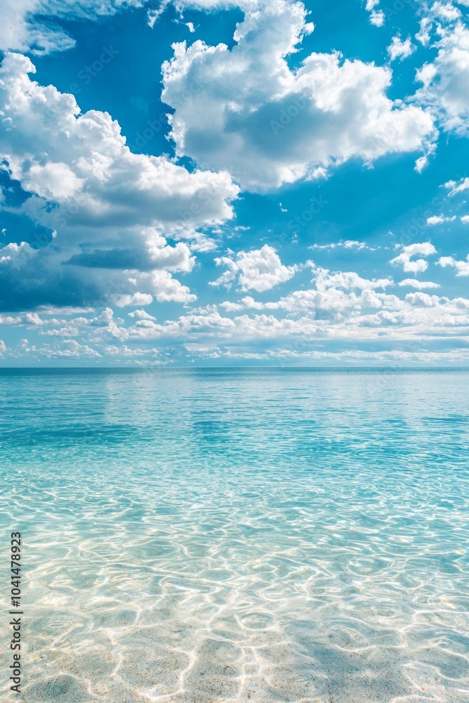 A serene scene of the clear blue sky and turquoise ocean, with fluffy white clouds in the background. The water is crystal clear, reflecting the vibrant colors of the sky above it. A serene scene of the clear blue sky and turquoise ocean, with fluffy white clouds in the background. The water is crystal clear, reflecting the vibrant colors of the sky above it.