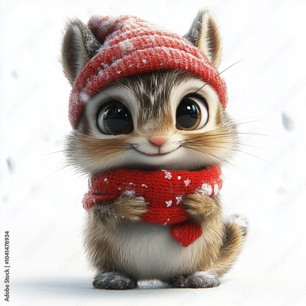 Obraz premium Adorable Chipmunk in Winter Wonderland Wearing Red Knit Hat and Scarf.