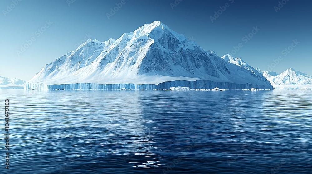 Majestic Iceberg Rises Above Calm Water, Frozen Mountains in a Dramatic Landscape