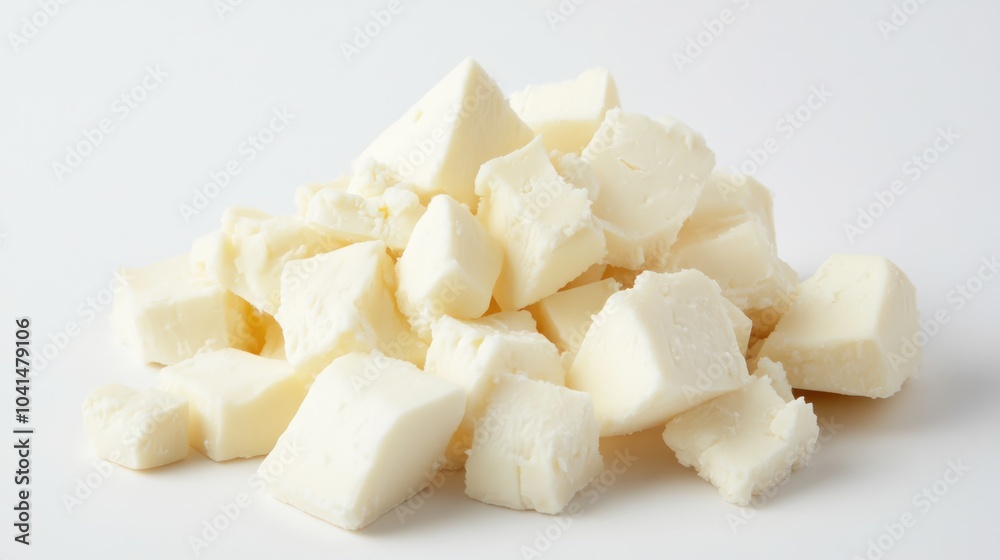 White cheese pieces arranged on a clean empty background