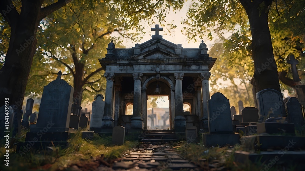 The graveyard is blanketed in fog, shadows lingering between the graves. The graveyard is blanketed in fog, shadows lingering between the graves.