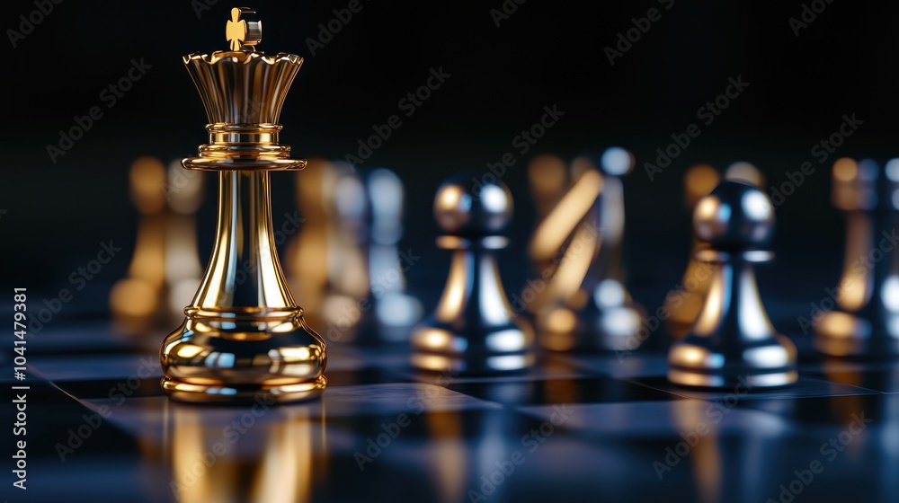 Gold rook chess piece alongside silver pawn pieces on a chessboard symbolizing competition strategy teamwork and leadership against a dark backdrop Gold rook chess piece alongside silver pawn pieces on a chessboard symbolizing competition strategy teamwork and leadership against a dark backdrop