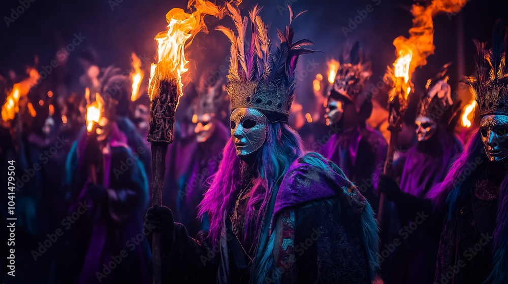 Fototapeta premium Illustration of people dressed as characters attending a medieval festival, wearing masks and holding torches, mysterious atmosphere