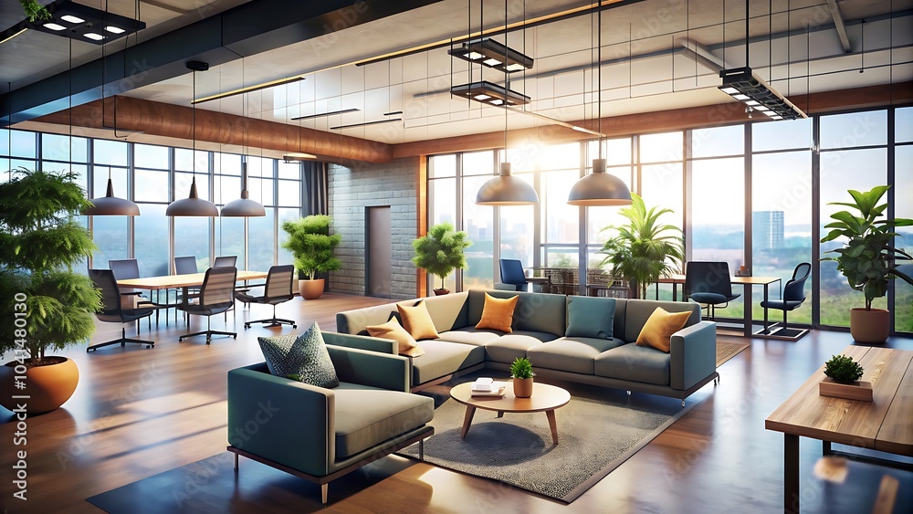 Modern office interior, open concept workspace, floor-to-ceiling windows, city skyline view, pendant lighting, comfortable lounge seating, blue sofas, wooden coffee table Modern office interior, open concept workspace, floor-to-ceiling windows, city skyline view, pendant lighting, comfortable lounge seating, blue sofas, wooden coffee table