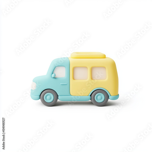 colorful toy bus in blue and yellow, designed with simple and playful aesthetic, perfect for childrens playtime and imaginative adventures