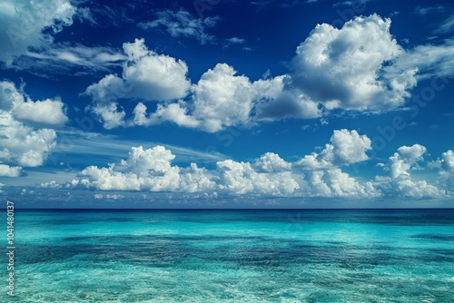 A serene scene of the clear blue sky and turquoise ocean, with fluffy white clouds in the background. The water is crystal clear, reflecting the vibrant colors of the sky above it. 