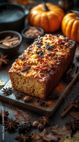 Close Up of Homemade Pumpkin Bread with Spices and Nuts on Wooden Board - Food Photography