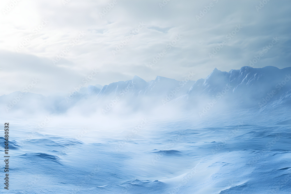 A frozen tundra engulfed in a powerful blizzard reveals a stark, icy landscape with swirling snow and misty mountains in the background A frozen tundra engulfed in a powerful blizzard reveals a stark, icy landscape with swirling snow and misty mountains in the background