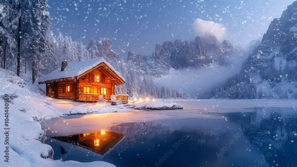 A serene winter cabin by a lake, surrounded by snow-covered trees and mountains. Seamless looping 4k video animation background A serene winter cabin by a lake, surrounded by snow-covered trees and mountains. Seamless looping 4k video animation background