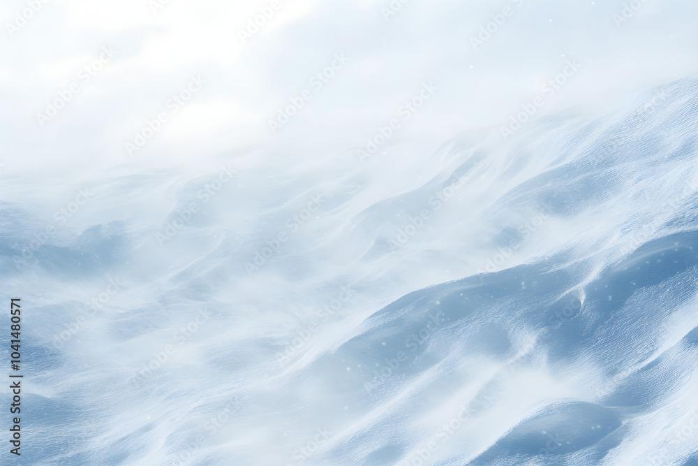 Fototapeta premium A frozen tundra engulfed in a powerful blizzard creates a serene and desolate winter landscape with swirling snow and icy textures