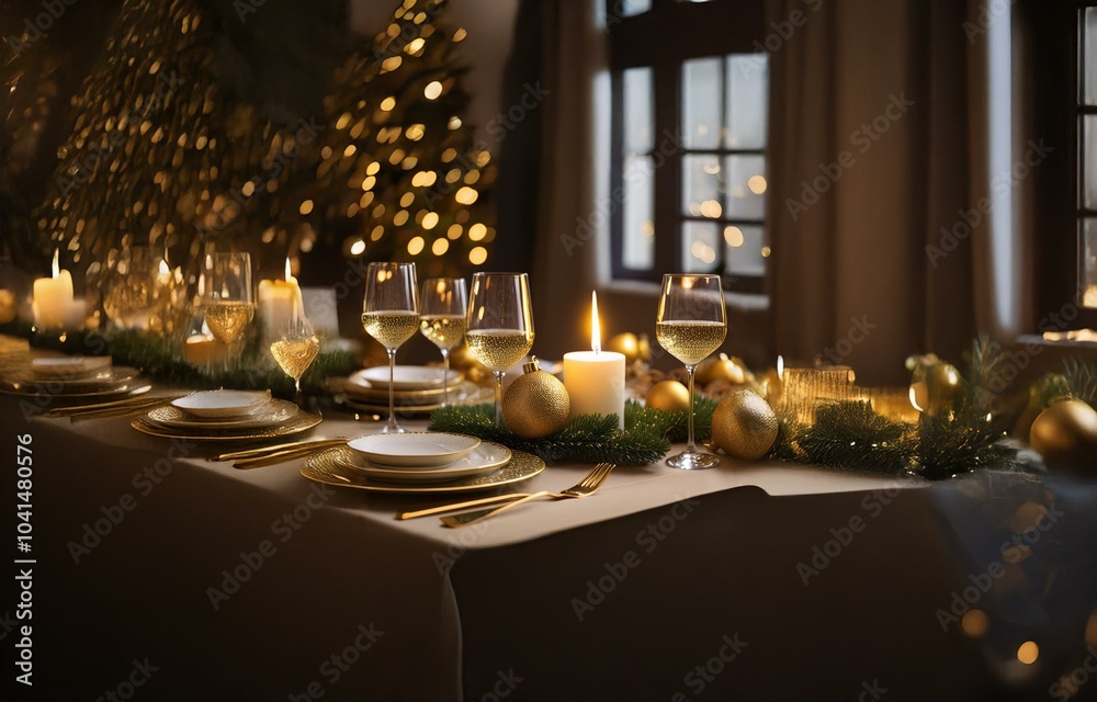 A beautifully set table with gold accents and Christmas decorations, featuring glasses of sparkling wine, candles and a blurred background with a hint of Christmas tree lights. A beautifully set table with gold accents and Christmas decorations, featuring glasses of sparkling wine, candles and a blurred background with a hint of Christmas tree lights.