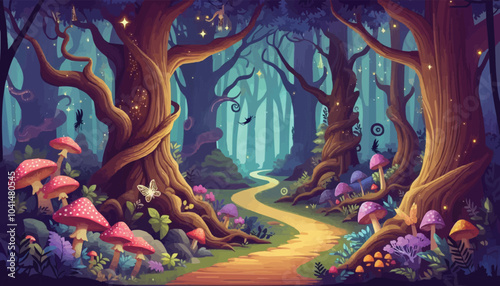 Mystical woodland with ancient trees lush vegetation and sparkling fairy lights background