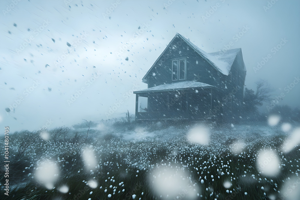 A house stands alone in a storm, battered by large hailstones while snow swirls around, creating a dramatic and moody atmosphere in the wintry landscape