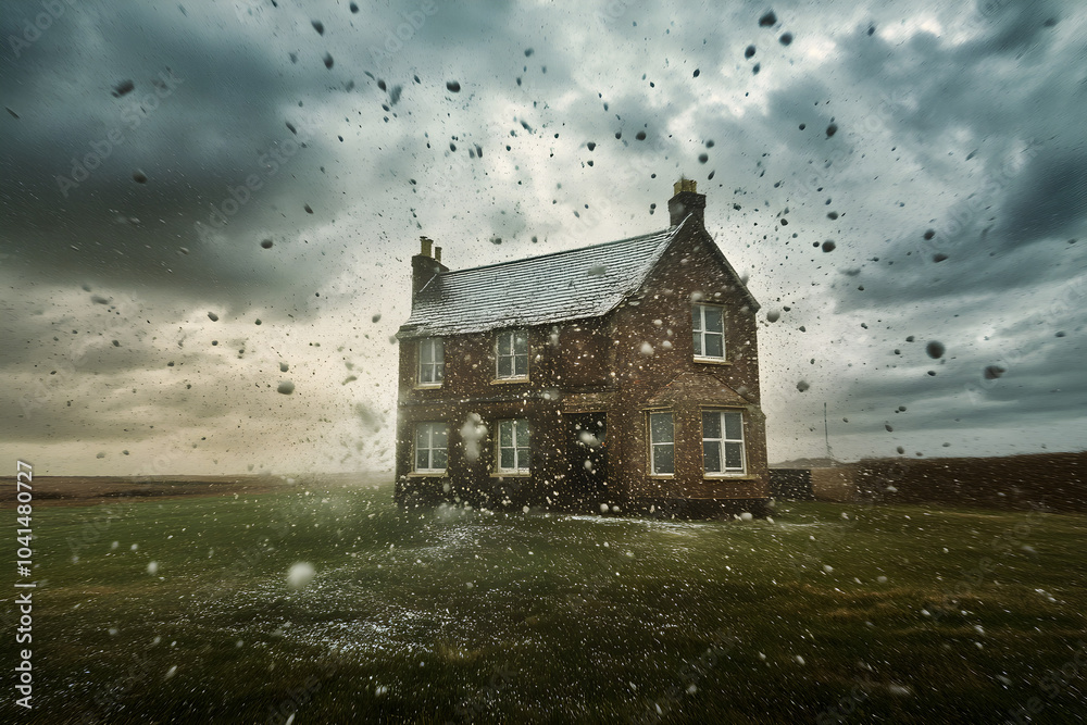 A house is being battered by large hailstones amidst stormy skies creating an intense atmosphere of nature's fury and chaos A house is being battered by large hailstones amidst stormy skies creating an intense atmosphere of nature's fury and chaos