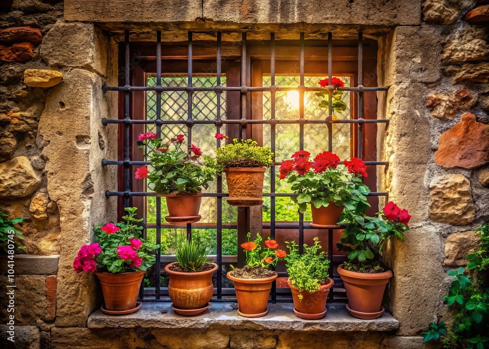 Fototapeta premium Surreal Medieval Barred Window with Flower Pots and Lush Plants on Windowsill in Enchanting Atmosphere for Unique Home Decor and Art Photography