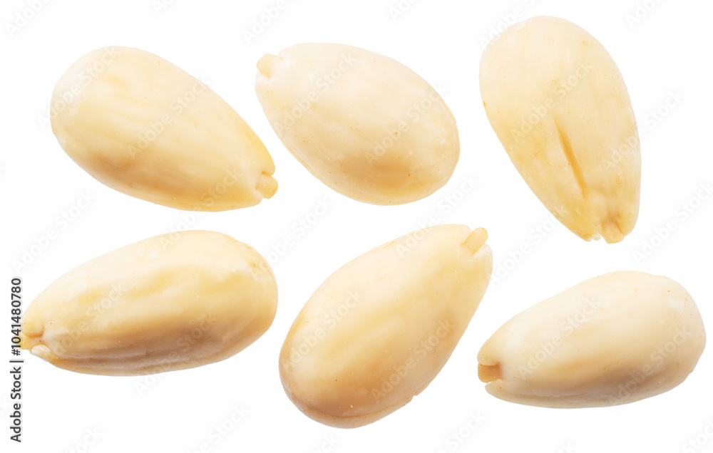 Obraz premium Set of blanched almonds nuts isolated on white background. File contains clipping paths.