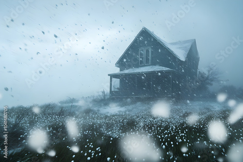 A house stands alone in a storm, battered by large hailstones while snow swirls around, creating a dramatic and moody atmosphere in the wintry landscape photo