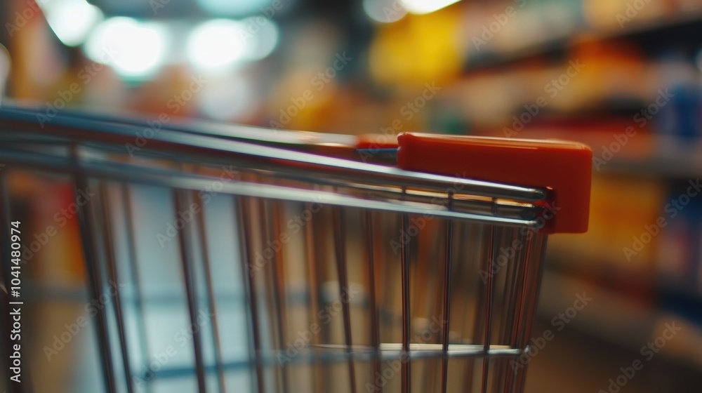 Close-up of a grocery shopping cart in aisle with blurred shelves Close-up of a grocery shopping cart in aisle with blurred shelves