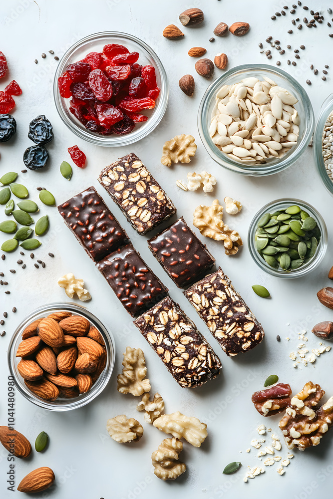 A simple flat lay showcases a variety of plant-based snacks including nuts, seeds, chocolate bars, and dried fruits arranged artfully on a light background A simple flat lay showcases a variety of plant-based snacks including nuts, seeds, chocolate bars, and dried fruits arranged artfully on a light background