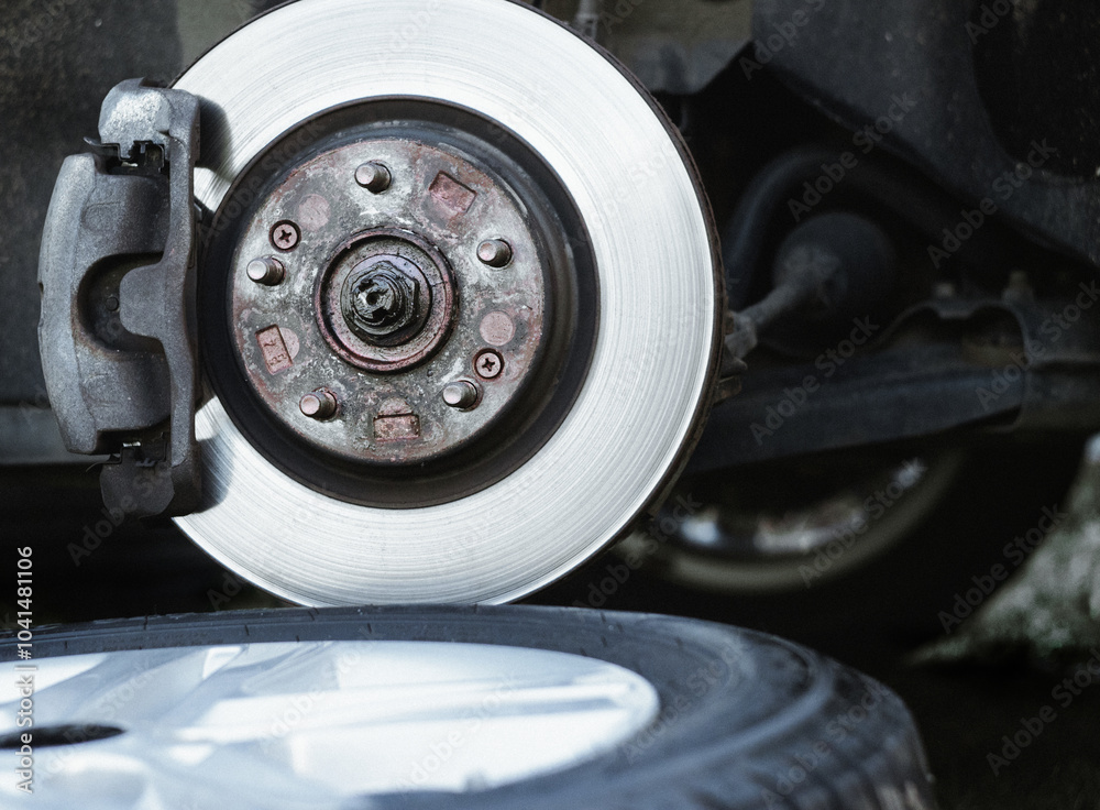 The old brake disc and caliper require service in a professional automotive workshop. The old brake disc and caliper require service in a professional automotive workshop.