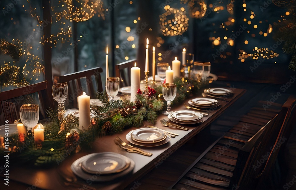A beautifully decorated table setting for a holiday dinner. The table is adorned with a garland of evergreen branches, pine cones, berries and candles, with golden accents and plates set on a wooden A beautifully decorated table setting for a holiday dinner. The table is adorned with a garland of evergreen branches, pine cones, berries and candles, with golden accents and plates set on a wooden