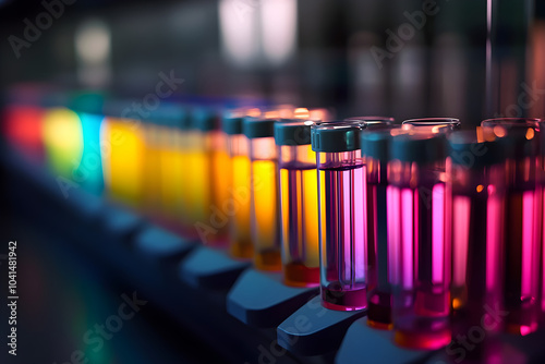 Colorful test tubes reflect light in a laboratory, creating a vibrant spectrum of colors that enhances the scientific atmosphere photo