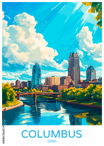 Columbus Ohio Poster Illustration Travel Print Decor Gift Paper Canvas Wall Retro Art #1041482103