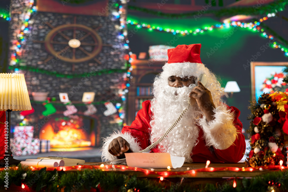 Santa Claus reading letters and calling helpers on landline phone call, in his festive decorated North Pole. Spreading holiday cheer with Christmas lights and decorations, magic of gift giving. Santa Claus reading letters and calling helpers on landline phone call, in his festive decorated North Pole. Spreading holiday cheer with Christmas lights and decorations, magic of gift giving.