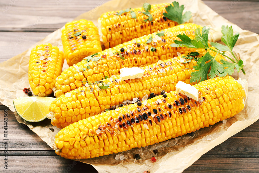 Tasty grilled corn with green parsley, spices and butter on wooden table