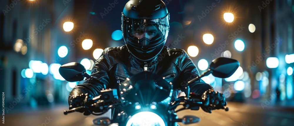 A man in a helmet and leather jacket sits on a white and black motorcycle with a blue light. The street is lit by yellow lamps, creating an adventurous vibe.