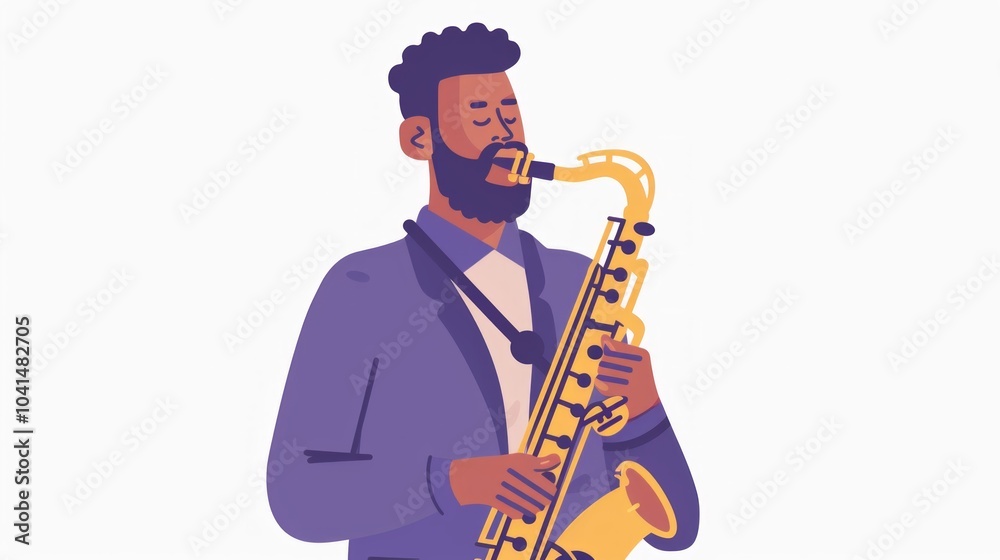 Naklejka premium An engaged African American man in a purple suit plays a gold saxophone against a plain light background, drawing attention to the musician and his instrument.