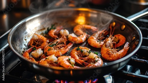 Stainless Steel Pan With Shrimps On Stove