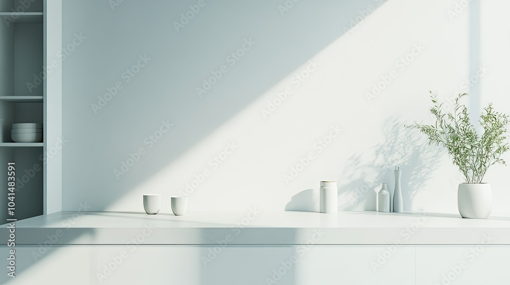 Fototapeta premium Sleek modern kitchen with clean surfaces and minimalist decor, no people, with space for text