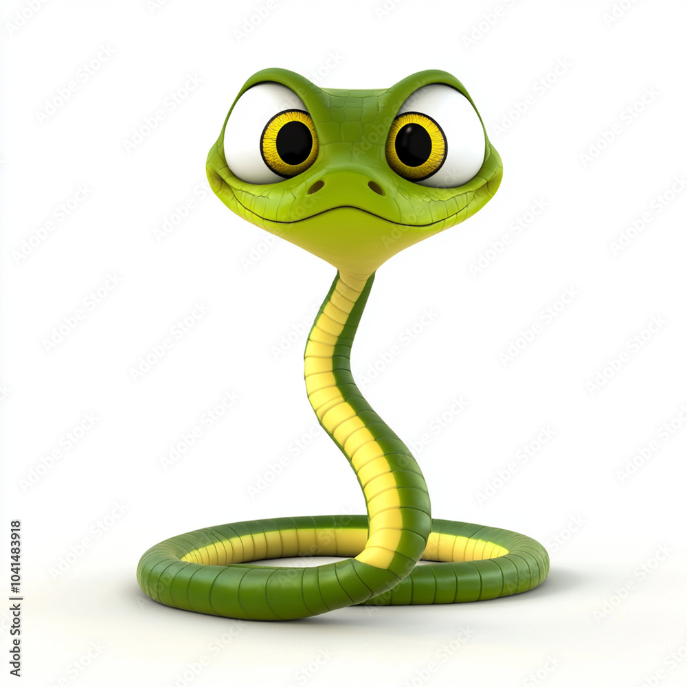 Fototapeta premium cheerful green snake character with large expressive eyes and friendly smile, coiled in playful pose against white background. This 3D render captures whimsical and fun design