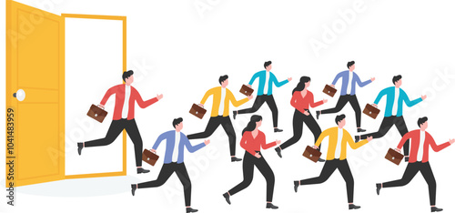 A group of businessmen run from the door to the outside, competition and speed
