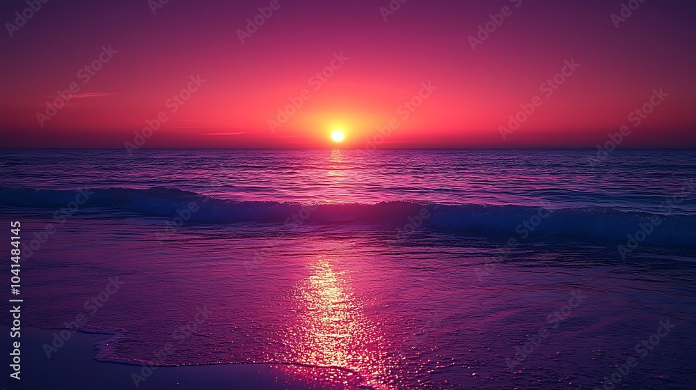 Sunset Over the Ocean with Waves Crashing on the Shore, Vibrant Pink Hues Paint the Sky, Peaceful and Tranquil Scene Sunset Over the Ocean with Waves Crashing on the Shore, Vibrant Pink Hues Paint the Sky, Peaceful and Tranquil Scene