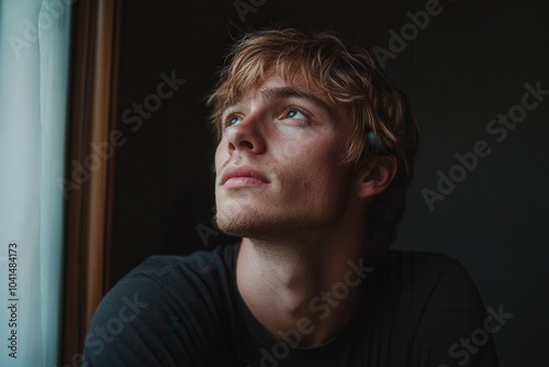 Young Man in a Dark Room Gazing Thoughtfully