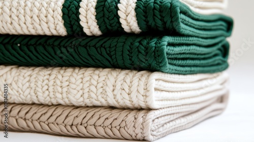 Cozy Knit Blanket Stack: A stack of four cozy knit blankets in a variety of textures and colors, perfect for adding warmth and style to any home.  